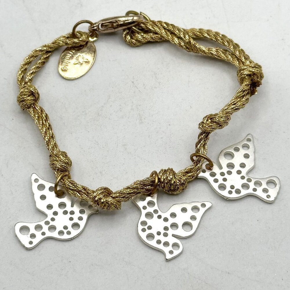 Vintage gold metallic thread dove bird charm bracelet